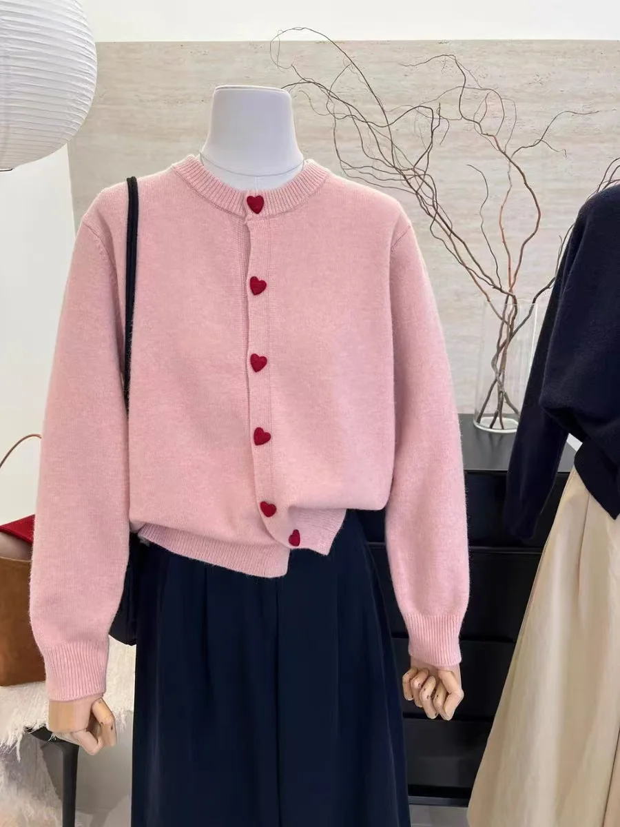 Love Button Sweater Jacket for Women 2025 Autumn New Loose Round Neck Knitted Cardigan Top