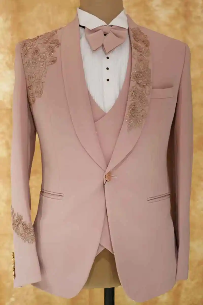 Klasyczna aplikacja garnitury męskie zestaw formalne szalowe klapy zroszony smokingi ślubne drużbowie marynarka zapinana na jeden guzik 3-częściowa sukienka wizytowa