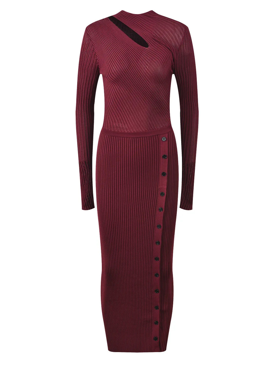 

Faionable mat Hollow out Wine Red Long Sve round Ne Knitted Midi Dr Slimming Casual Sle Women's Dr