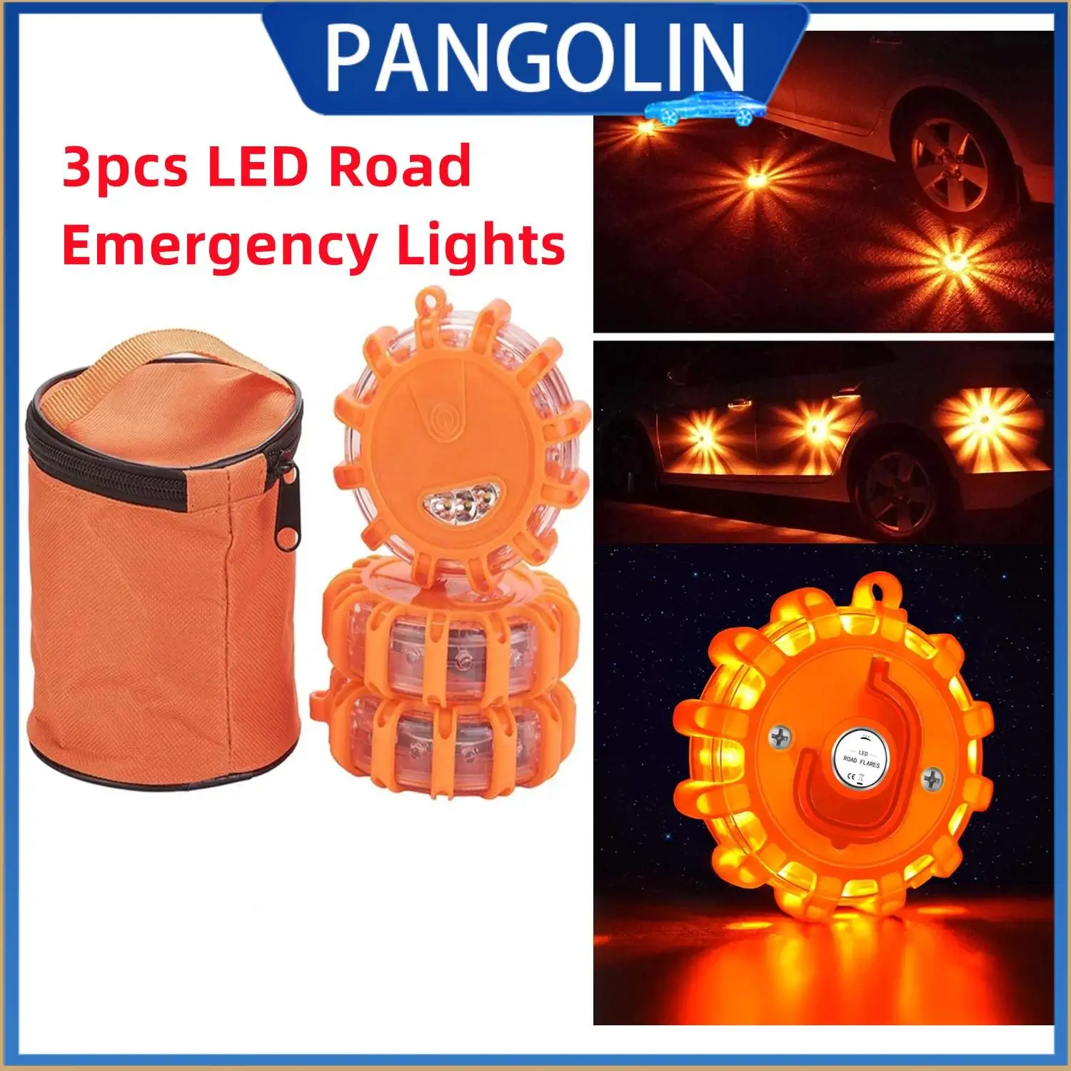 

PANGOLIN 3Pcs LED Road Flare Emergency Warning Lights for XYZ Magnetic Base Waterproof Crushproof Flashing Beacon Disc 9 Modes