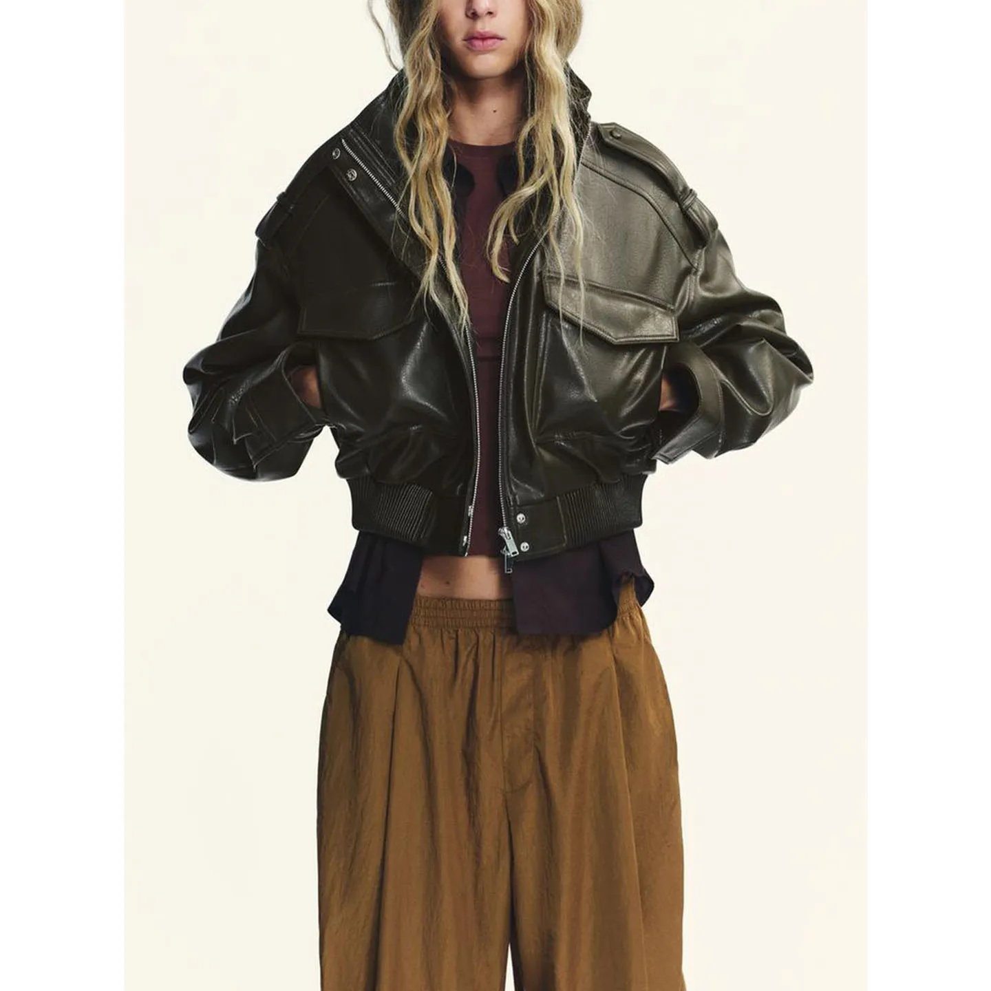 Nuovo 2025 Autunno Moto Sle ort PU Pelle Jaet Lungo Sve Colletto alla coreana Capispalla Donna Faion Fibra di poliestere