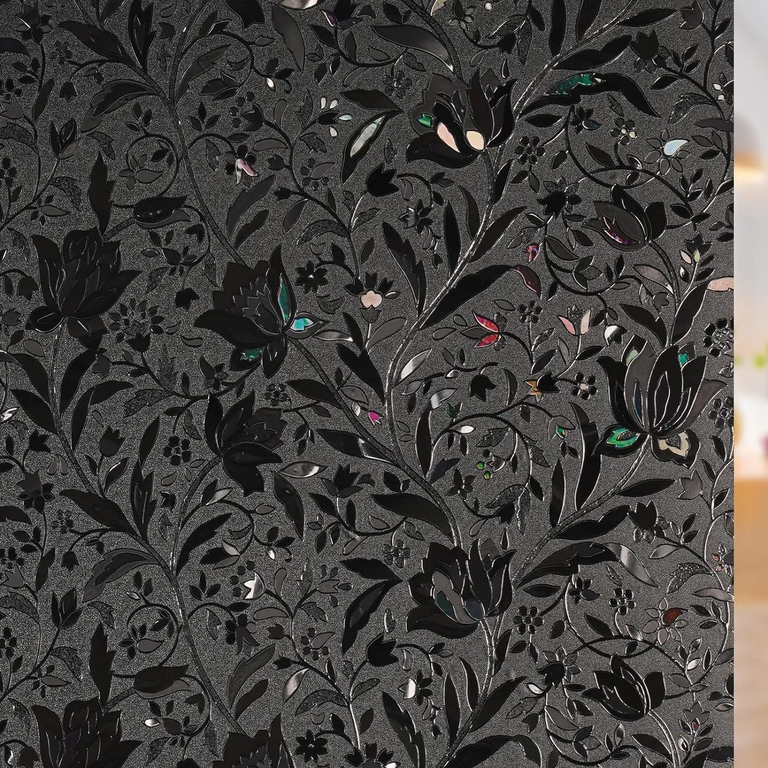 Black Floral Window Film Privacy Decorative Iridescent Static Cling for Home Bathroom Living Room Glass Door Decor