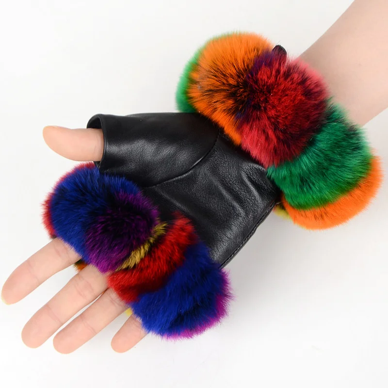 Fingerless Gloves Women Natural Rabbit Fur Glove Winter Fashion Warm Genuine Leather Fingerless Gloves Women Rabbit Fur Mittens