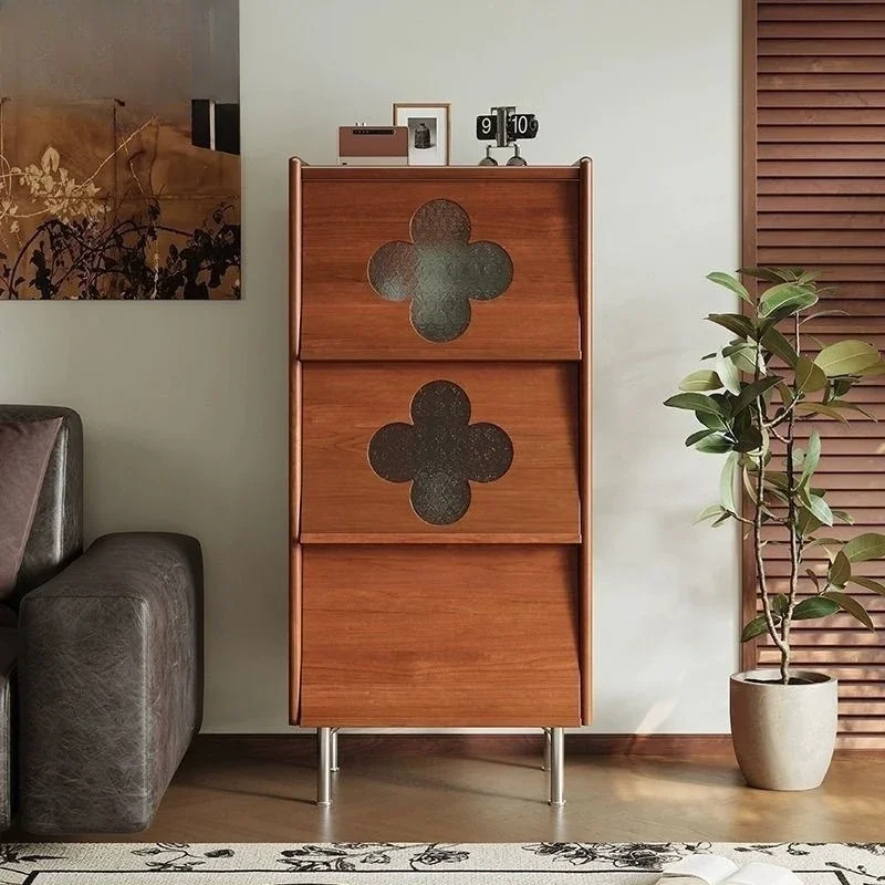 Retro solid wood four-leaf clover side cabinet household living room combination chest cabinet French storage cabinet rubber