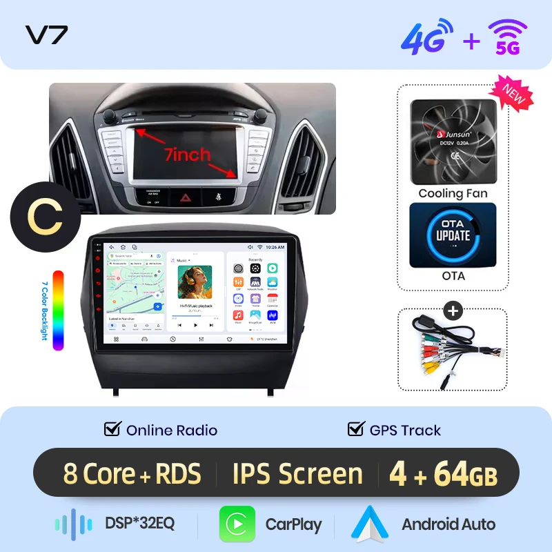 Junsun draadloze CarPlay Android Auto autoradio voor Hyundai ix35 / Tucson Mk2 (LM) 2009-2015 met ingebouwde koelventilator, Android GPS navigatie, multimediaspeler, WiFi, DSP, RDS, BT, SWC, IPS