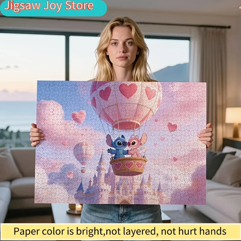 Puzzle plat 2D, 1000 pièces, couple Disney Stitch et Angel |   Montgolfière en forme de cœur, puzzle Disney mignon, cadeau romantique pour couple, décoration intérieure