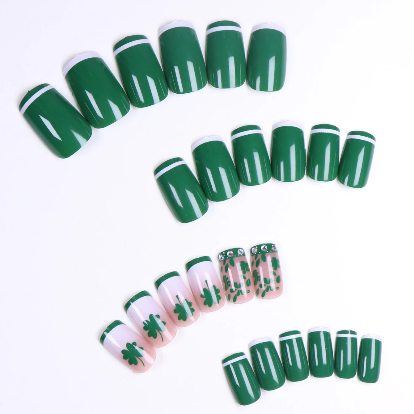 24PCS- Green square fake nails with French and white trim, lucky four-leaf clover decoration, rhinestone setting, exquisite eleg