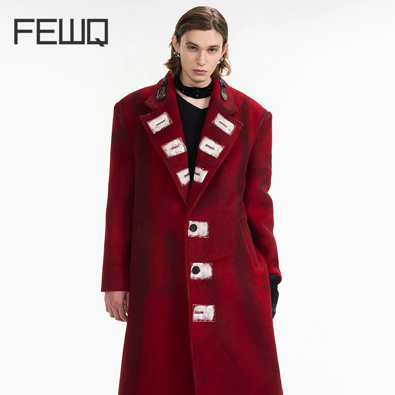 FEWQ Korean Style Men Woolen Overcoat Turn-down Collar Belt Design Single Breasted Contrast Color Male Trench Streetwear 24K1104