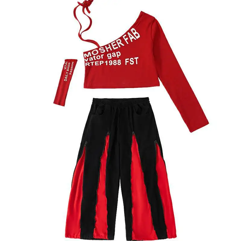 Mädchen Hip Hop Street Dance Kleidung Set Mode Rot Eine Schulter Crop Top T Shirt Baggy Hosen Outfits Gruppe Jazz Dance Kostüme