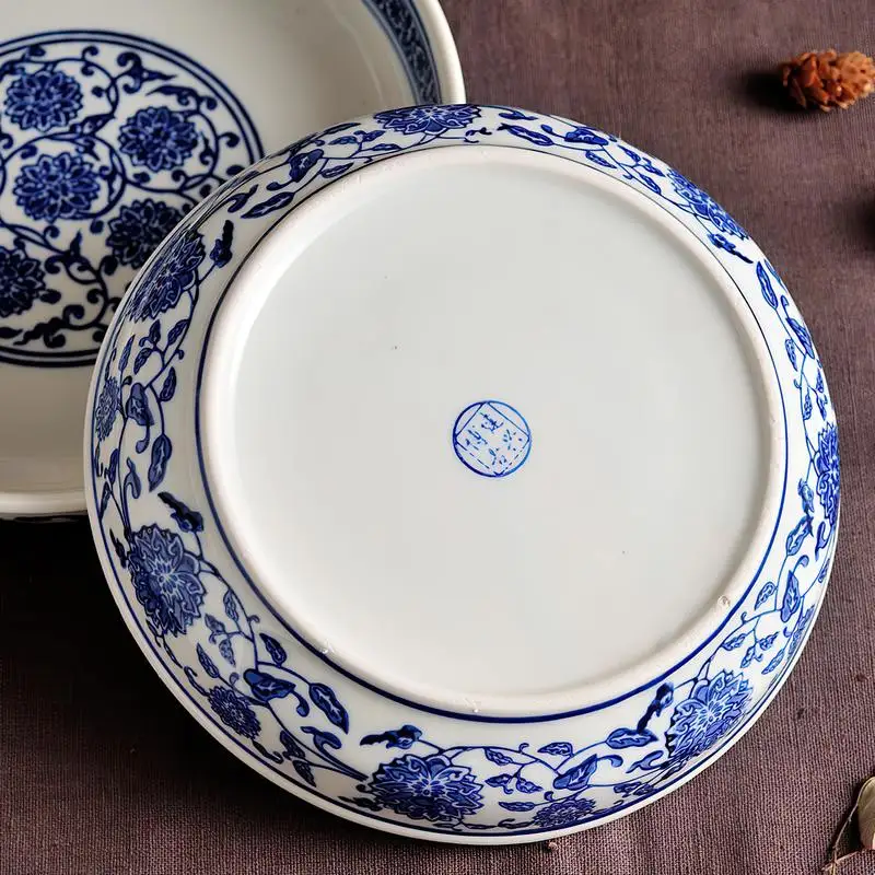 Chinese Creative Flower Blue and White Porcelain Ceramic Plate Restaurant Household Multi-size Antique Salad Plate Deep Dish