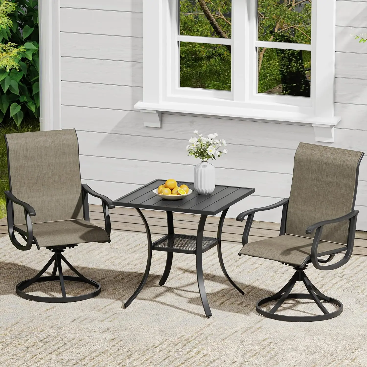 3 Piece Mixed Brown Black Outdoor Dining Set Patio Swivel Rocking Chairs with Small   Storage Shelf for Balcony Porch Bistro