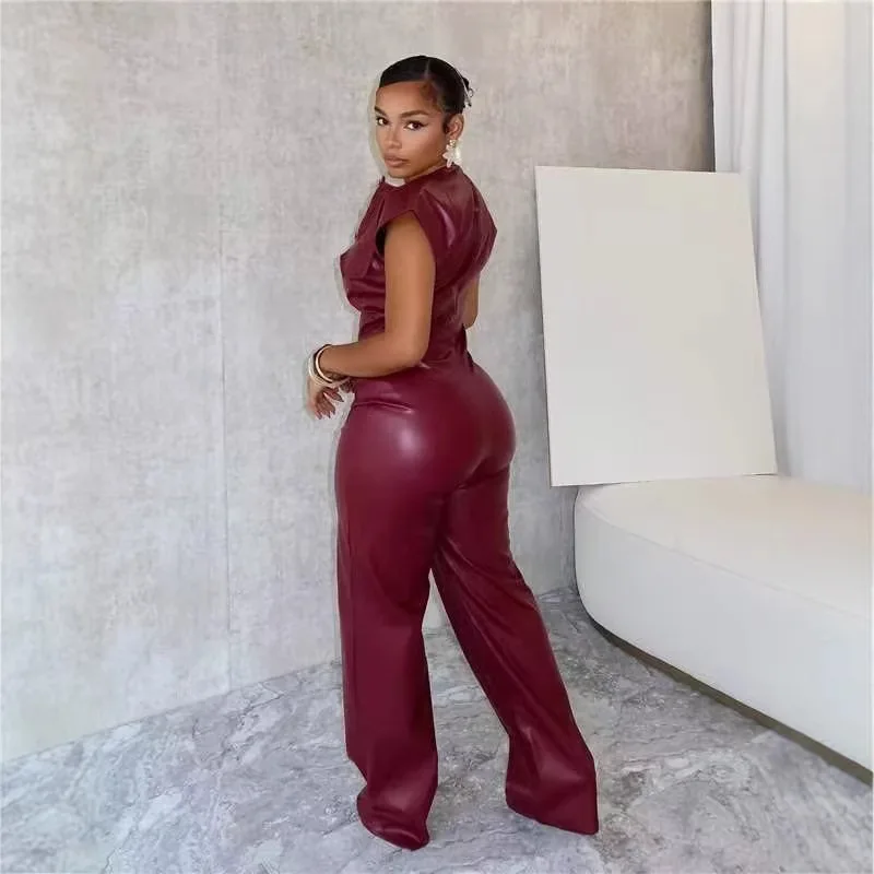 

American European New Fashion Women's Solid Color Dark Red Short Sleeve O-neck Wide Leg Straight Pu Leather Jumpsuits Female