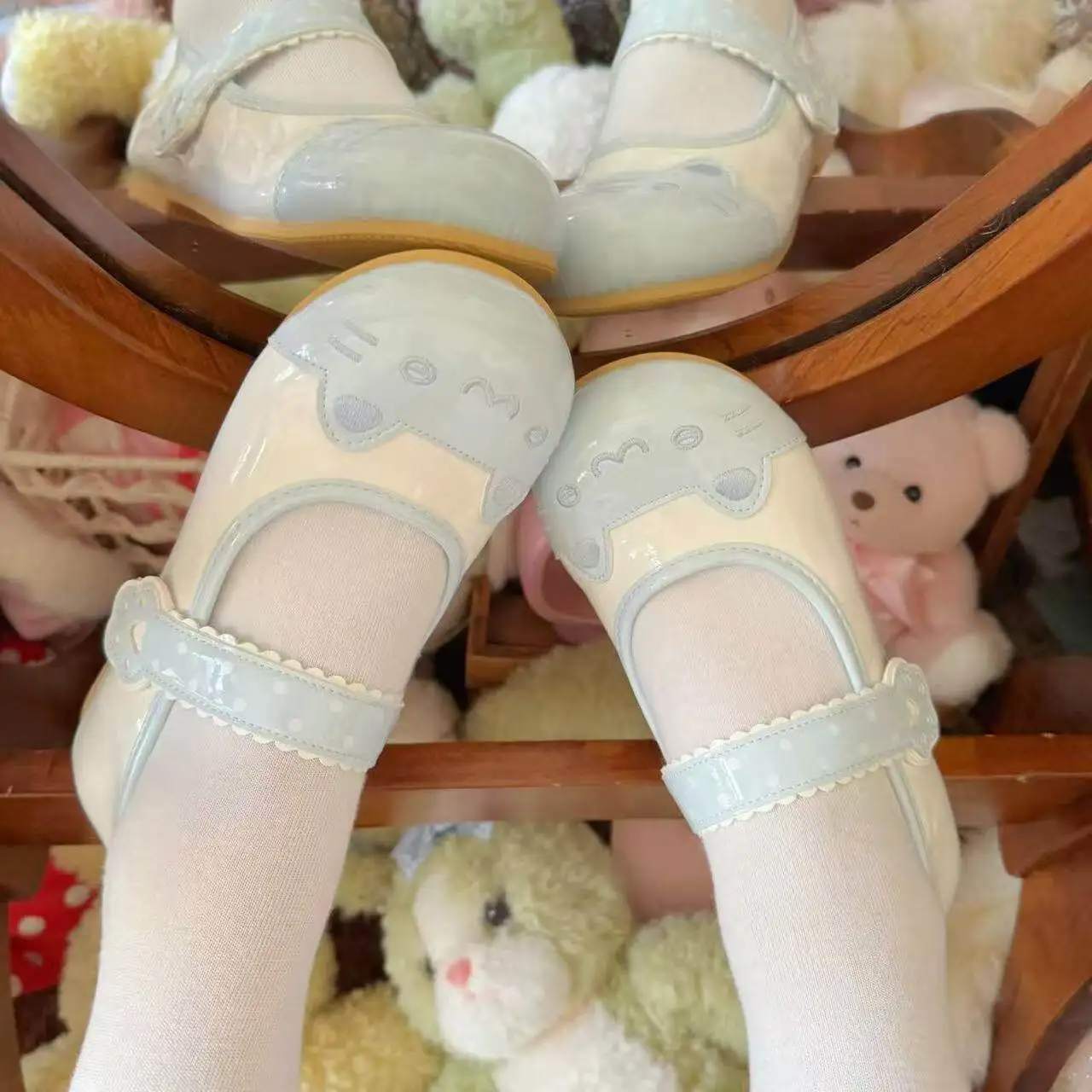

Cute Cat Face Lolita Flat Shoes Pink White Polka Dot Mary Jane Shoes Comfortable Casual Lolita Footwear