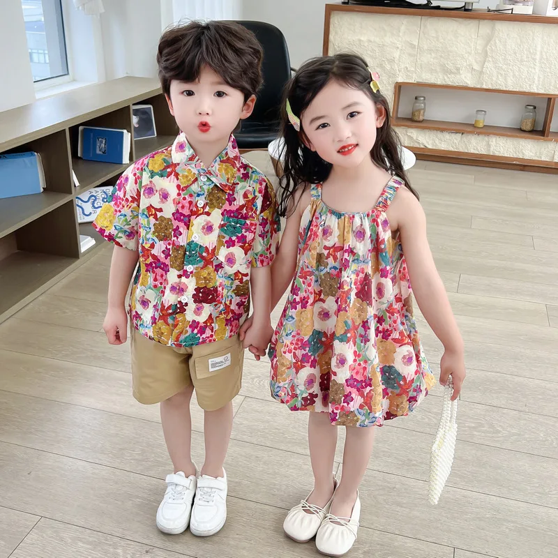 Brother and Sister Matching Resorts Clothes Vacation Look Baby Girls Sleeveless Dress Toddler Boys Floral Shirts + Shorts Sets