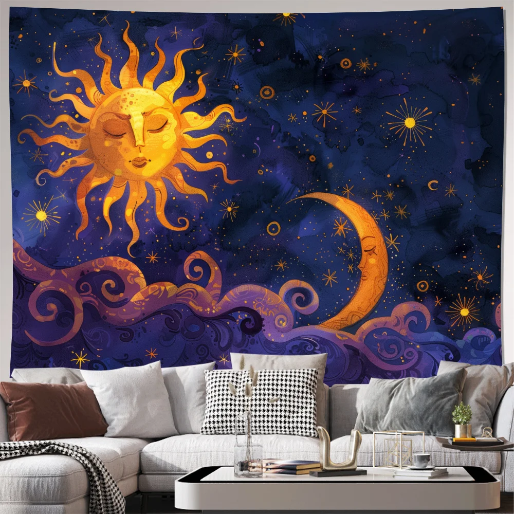 Sun Moon Tapestry, Celestial Starry Sky Wall Hanging, Boho Mandala Decor Psychedelic Galaxy Bedroom Living Room Background Cloth