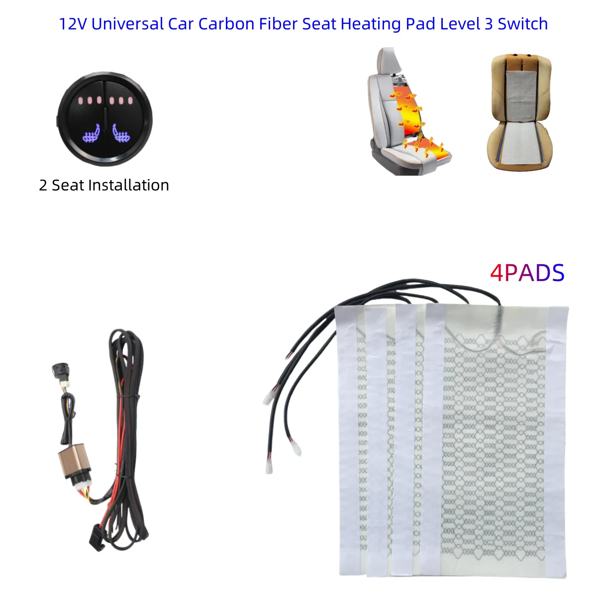 2 Seats 4 Pads Universal Carbo n Fiber Heated Seat Heater 12 V Pads Universal Two-Step Switch Winter Warmer Seat Covers