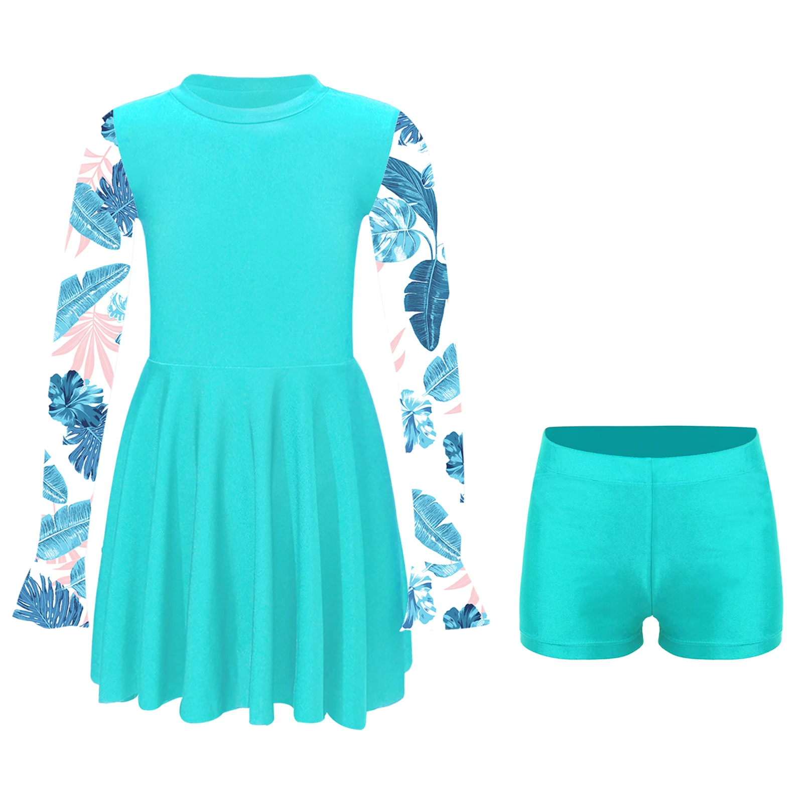Kids Girls 2 Pieces Swimsuit Outfit Printed Long Sleeve Flared Cuffs Dress Swimwear and Shorts for Bathing Pool Beach Swimming
