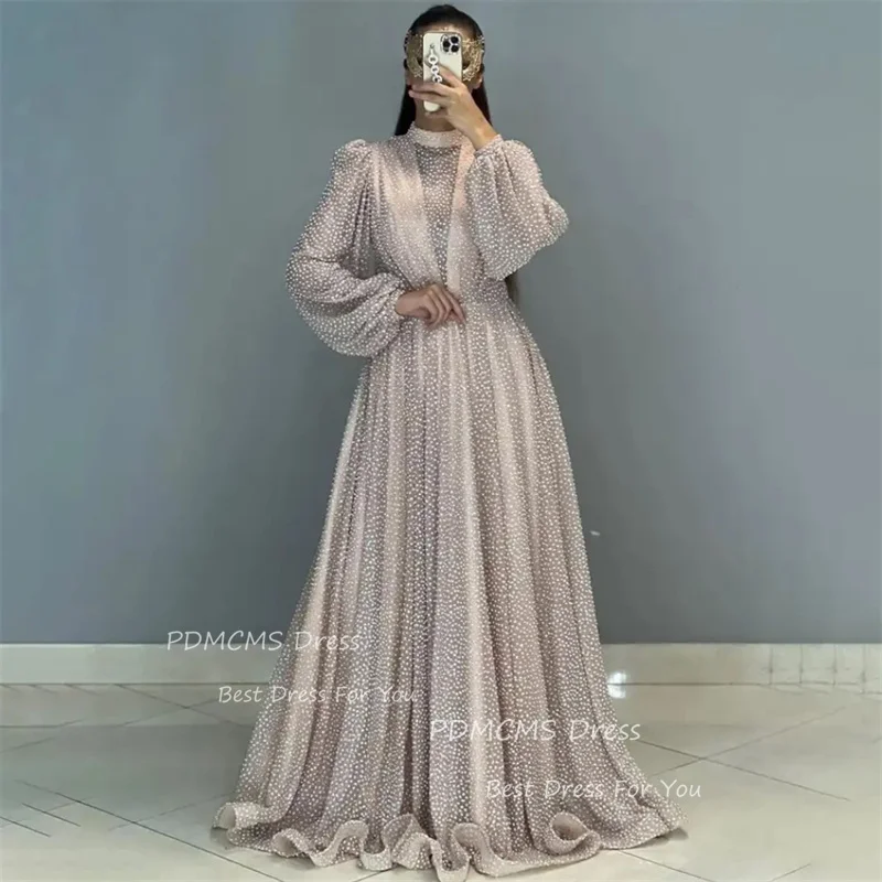 Luxury Muslim Champagne Evening Dresses For Women Bride Bridal Prom Party Dress Long Sleeves Dubai Arabic Formal Gowns Gala Robe