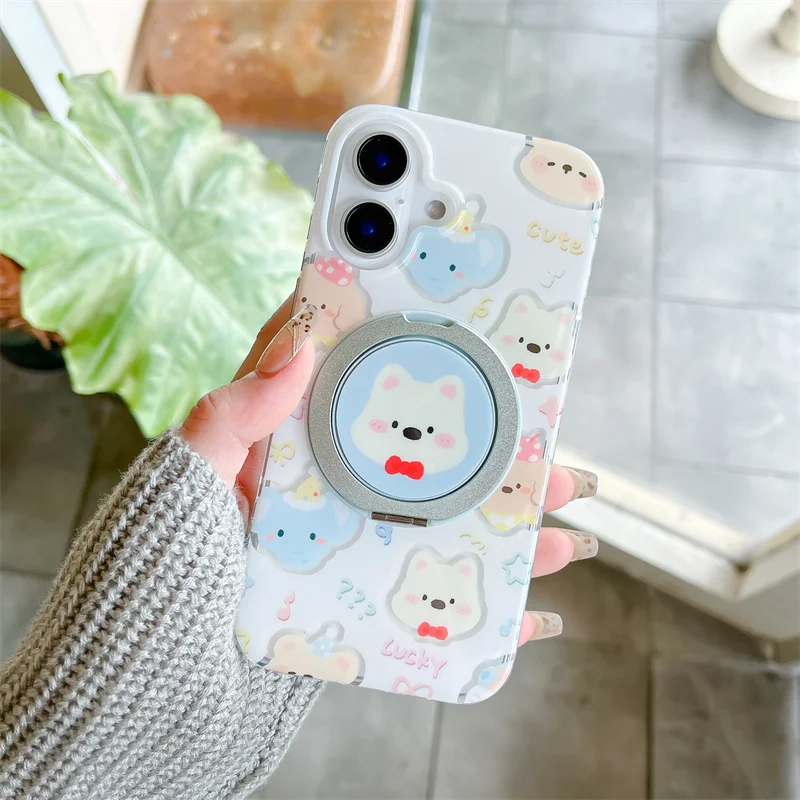 Kawaii Cartoon Animal Party Phone Case For iPhone 16 Pro 14 13 15 Pro Max Personality Cover with Cute Puppies Stand Holder Cases