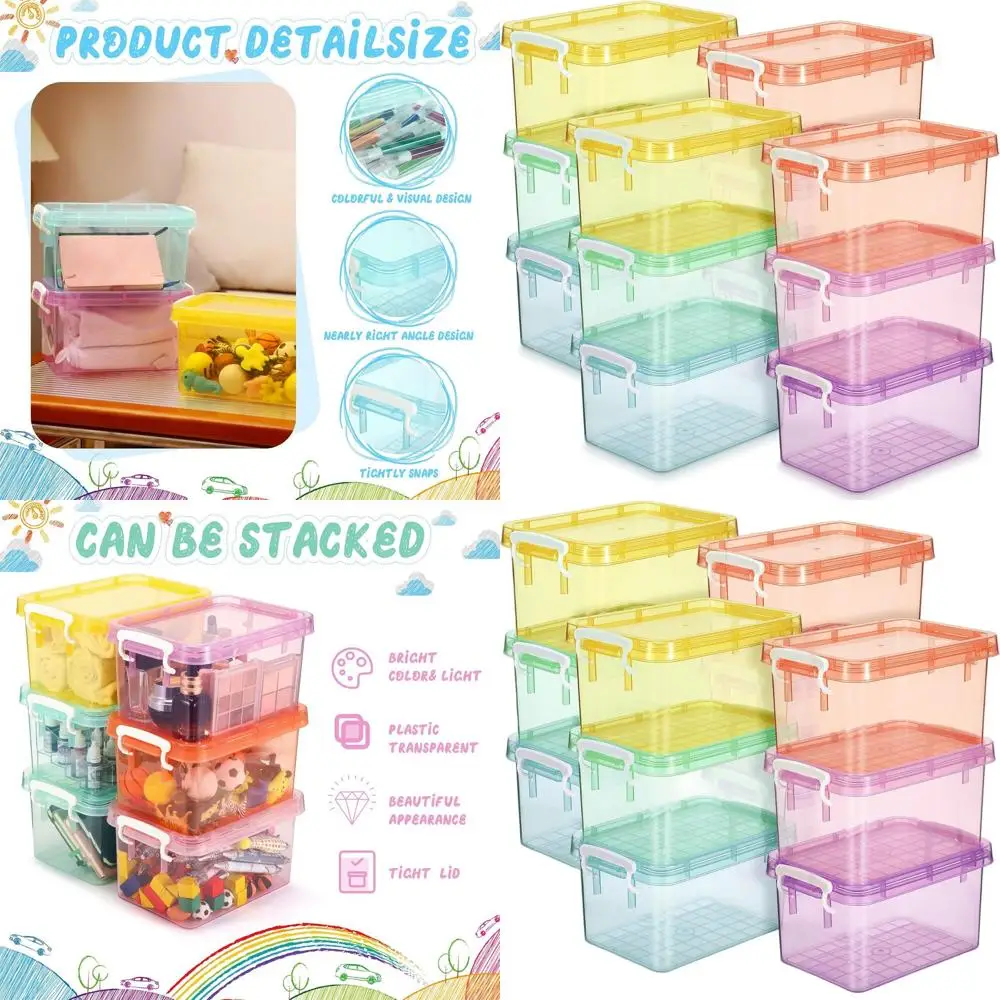 

Набор из 4 штабелируемых пластиковых контейнеров для хранения с крышками, защелкивающимися ручками и застежками для организации (разноцветные)