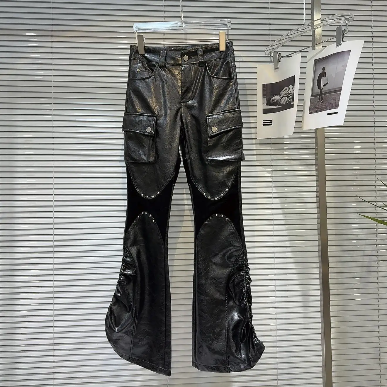 2025 New Spring Hot Girls Subcluture Revits Patch PU Streetwear Drawstring Light Flare Pants Gothic Punk Rave Jazz Long Capris
