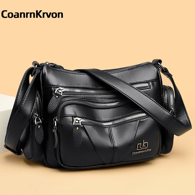 New 2024 Leather Black Crossbody Bag Women\'s Trendy Portable Gift Mom Bag Large Capacit Soft Multiple Layers Pockets Commuterbag