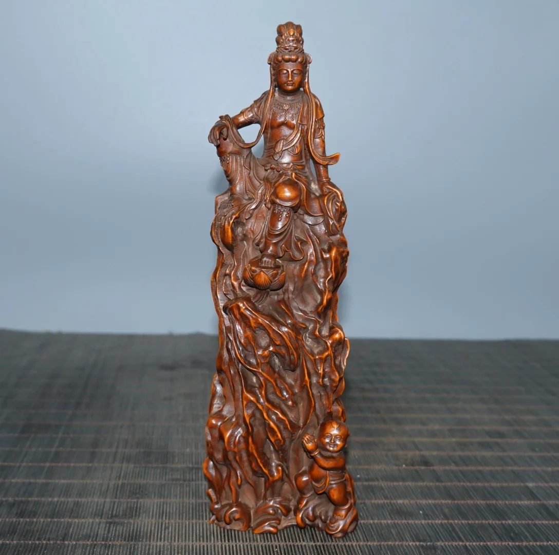 

8"Tibetan Temple Collection Boxwood Children-Sending Guanyin Bodhisattva Avalokitesvara Amitabha Buddha Worship Hall Town house