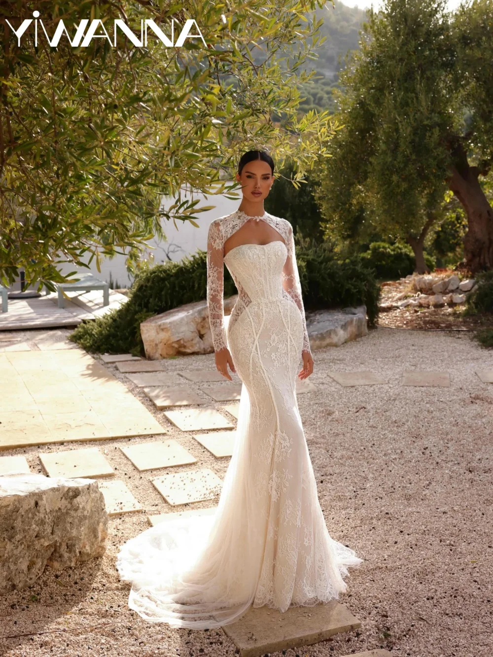 

Dreamy Lace Beaded Wedding Dress With Bow Detachable Sleeve Mermaid Long Bridal Gown Customized Strapless Dresses For Bride