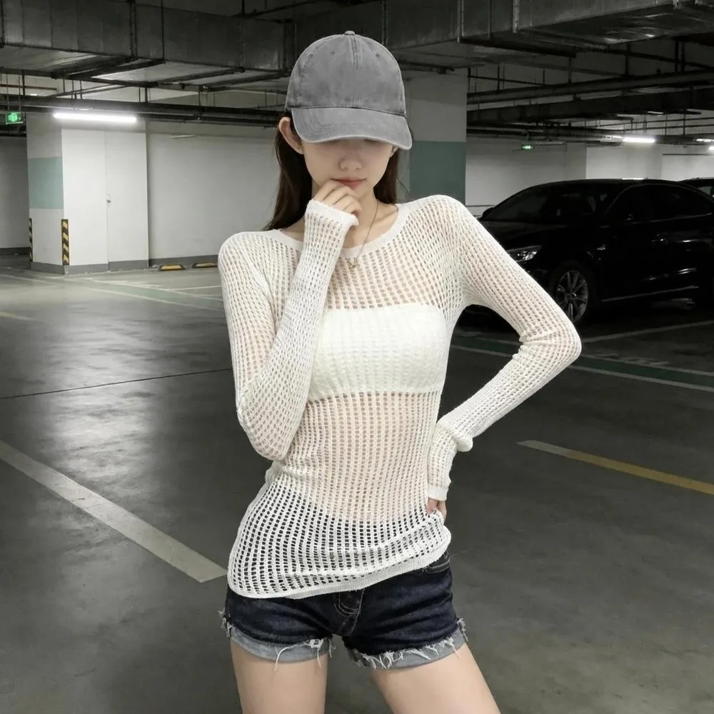 Skinny Sheer Mesh T Shirt for Women Slim Fit Hollow Out Fishnet Top Soft Summer Long Sleeve Top Turtleneck Design