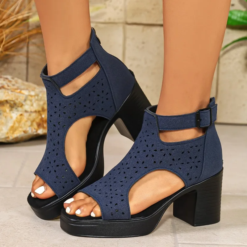 

Women's High-heeled Shoes 2026 Summer Fashion Casual Open Toe Round High Heel Square Heel Buckle Zipper High Heel Sandals