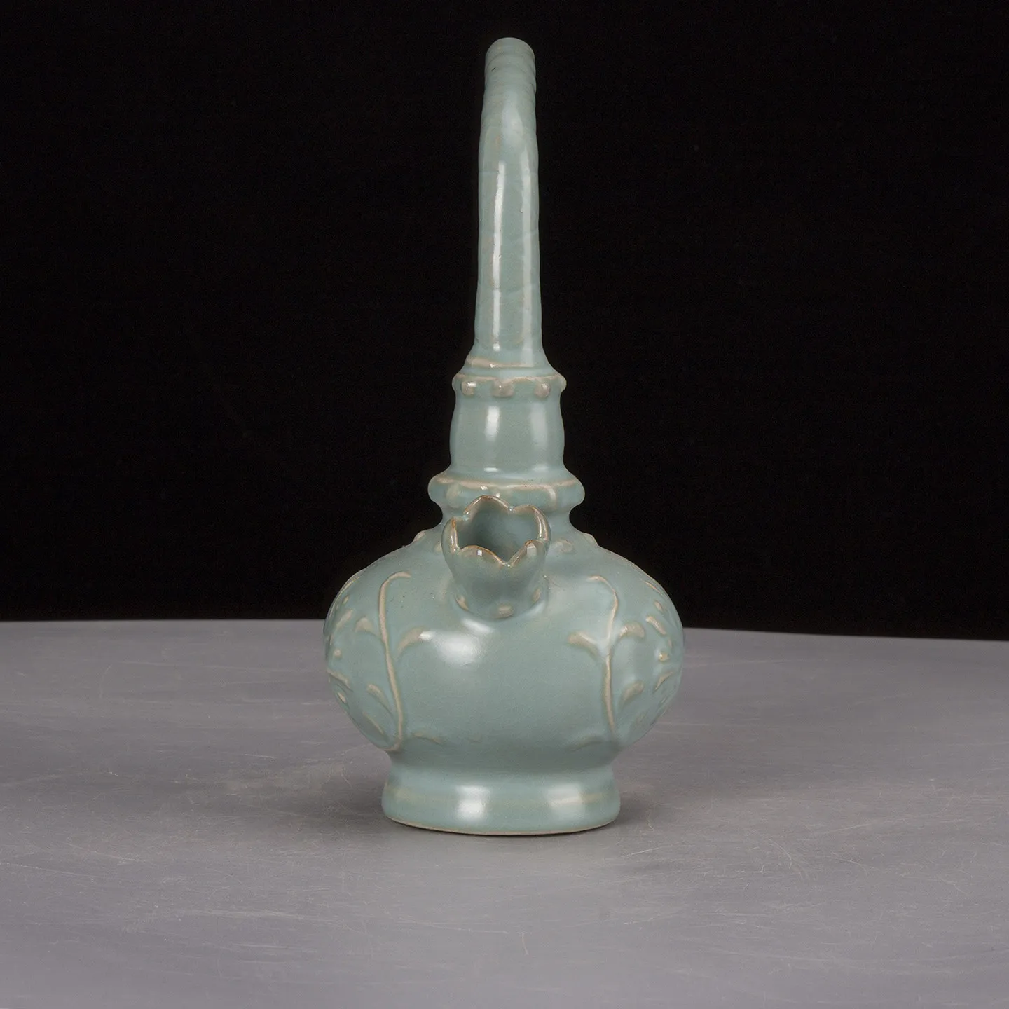 Ru Kiln Sky-Celadon Pipe, Floral Carved with Inscription Mark, Antique Collectible