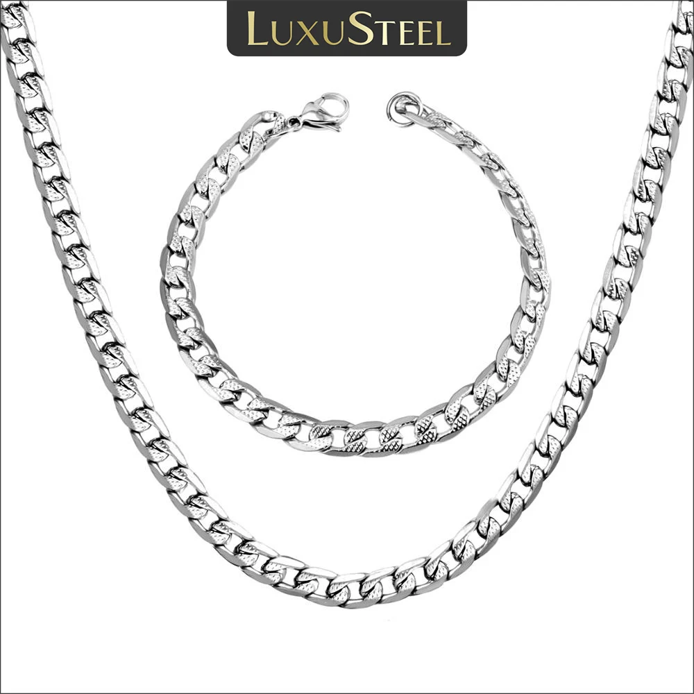 LUXUSTEEL Silver Color Chains Necklace Bracelets Width 6mm/8mm/10mm Length 50cm/55cm/60cm Stainless Steel Long Necklace Party