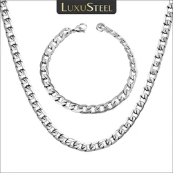 LUXUSTEEL Silver Color Chains Necklace Bracelets Width 6mm/8mm/10mm Length 50cm/55cm/60cm Stainless Steel Long Necklace Party