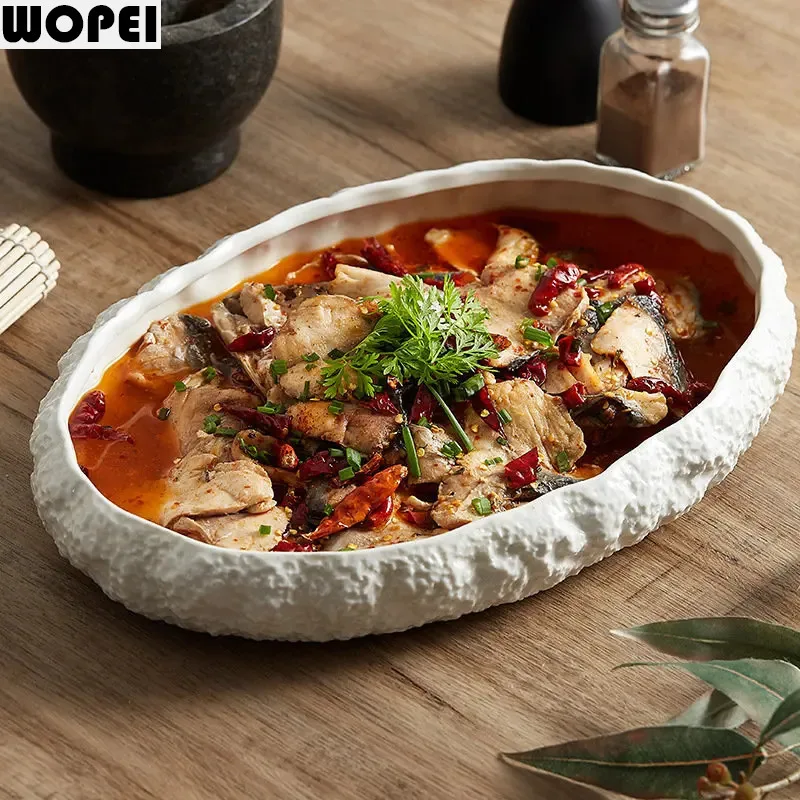 Rock Texture Ceramic Main Dish Plate Kitchen Household Pasta Steak Dish Plate Creative Pure White Characteristic Tableware