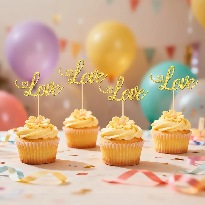 YOMDID 24Pcs Valentine's Day Love Cupcake Toppers Glitter Love Sign Cupcake Picks For Wedding Party Cake Decorations Supplies - view 3