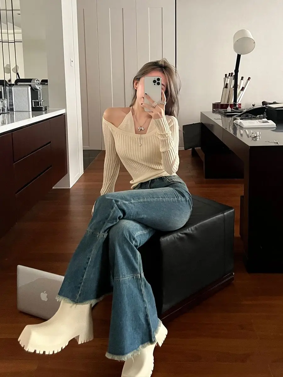 High Waist Wide Leg Jeans Women Casual Denim     Long Pants Loose Slimming Straight Trendy   Z117