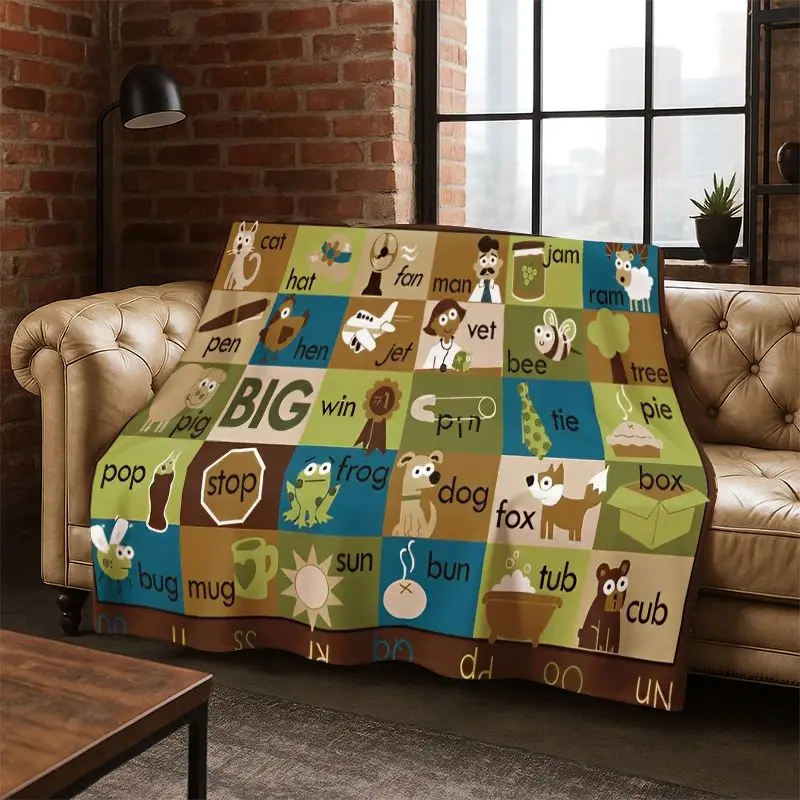 Alphabet ABC Early Education Cartoon Flannel Blanket Soft Warm Blanket Throw Blanket for Bedroom Living Room Bed Travel Camping