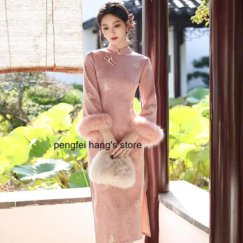 Women Youthful Fleece Lined Modified Cheongsam New Chinese Style Long Sleeve Vintage Dress Thickened Premium Outfit Winter