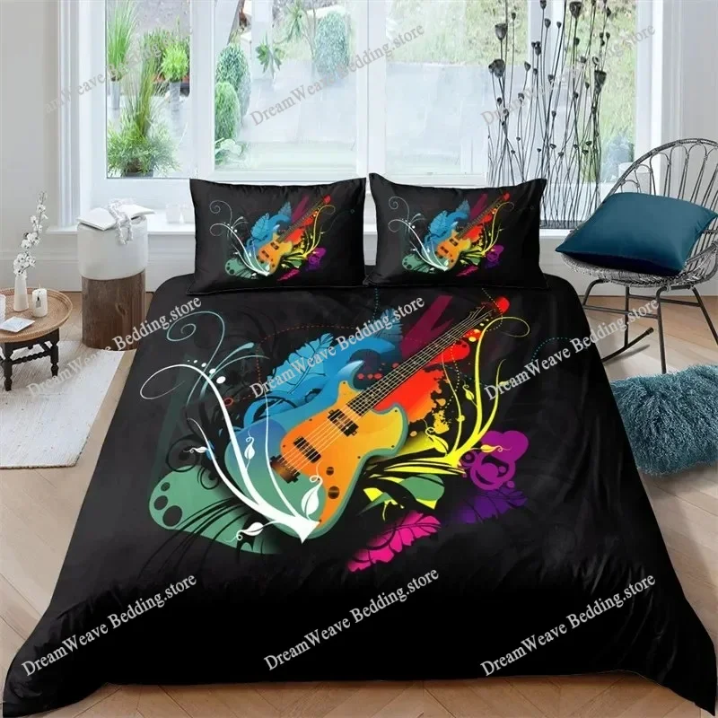 

Guitar Queen Duvet Cover Rock Music Theme Bedding Set Grunge Color Splashed Brick Wall Background Electronic Guitar Mics Design