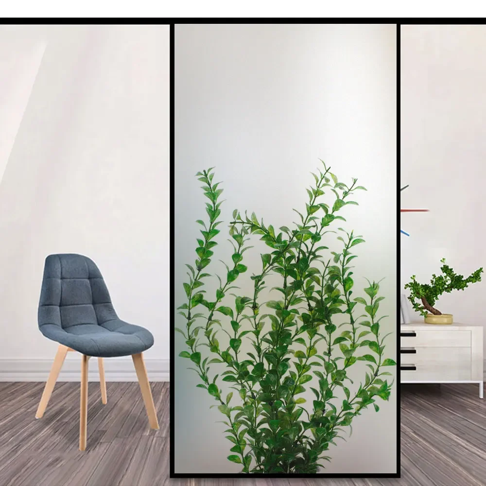 Static Cling Privacy Window Film Heat Control UV Blocking Window Glass Film Green Plants Frosted Window Film