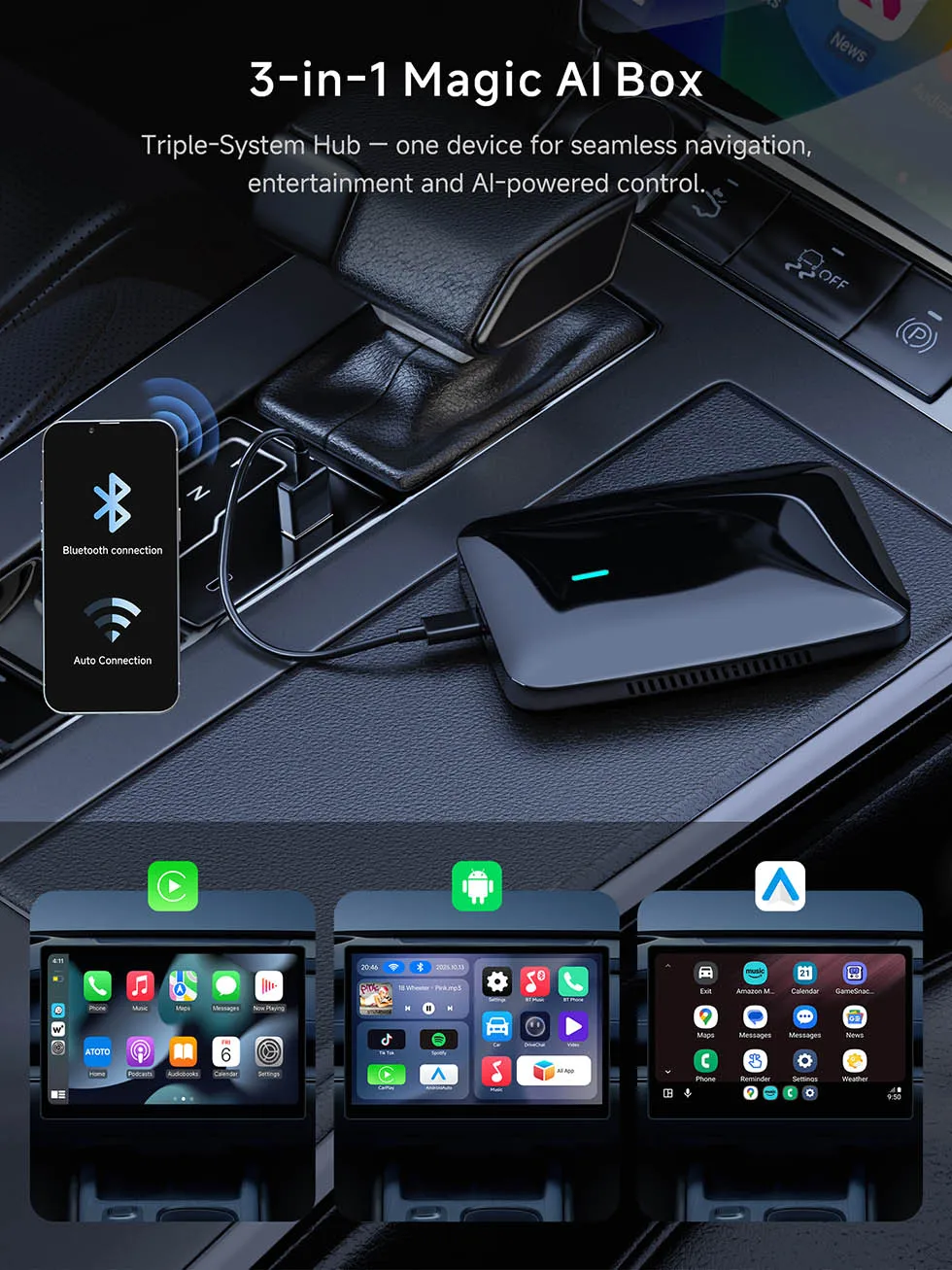 Wireless CarPlay Android Auto Adapter, Smart AI Box Car Play Android Ring Kit, Dual WiFi and Bluetooth, for Netflix Youtube DriveChat AI Voice, CarWave CB4A CB4B CB4 Myatoto