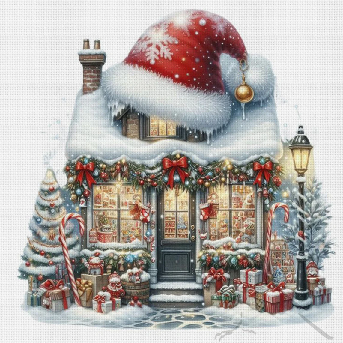 Kit de Punto de Cruz con Diseño de Casita y Gorro de Santa, Bordado 11CT, Decoración de Pared para el Hogar, Regalo Hecho a Mano, Material sin Marco, Semiterminado, 36×36cm