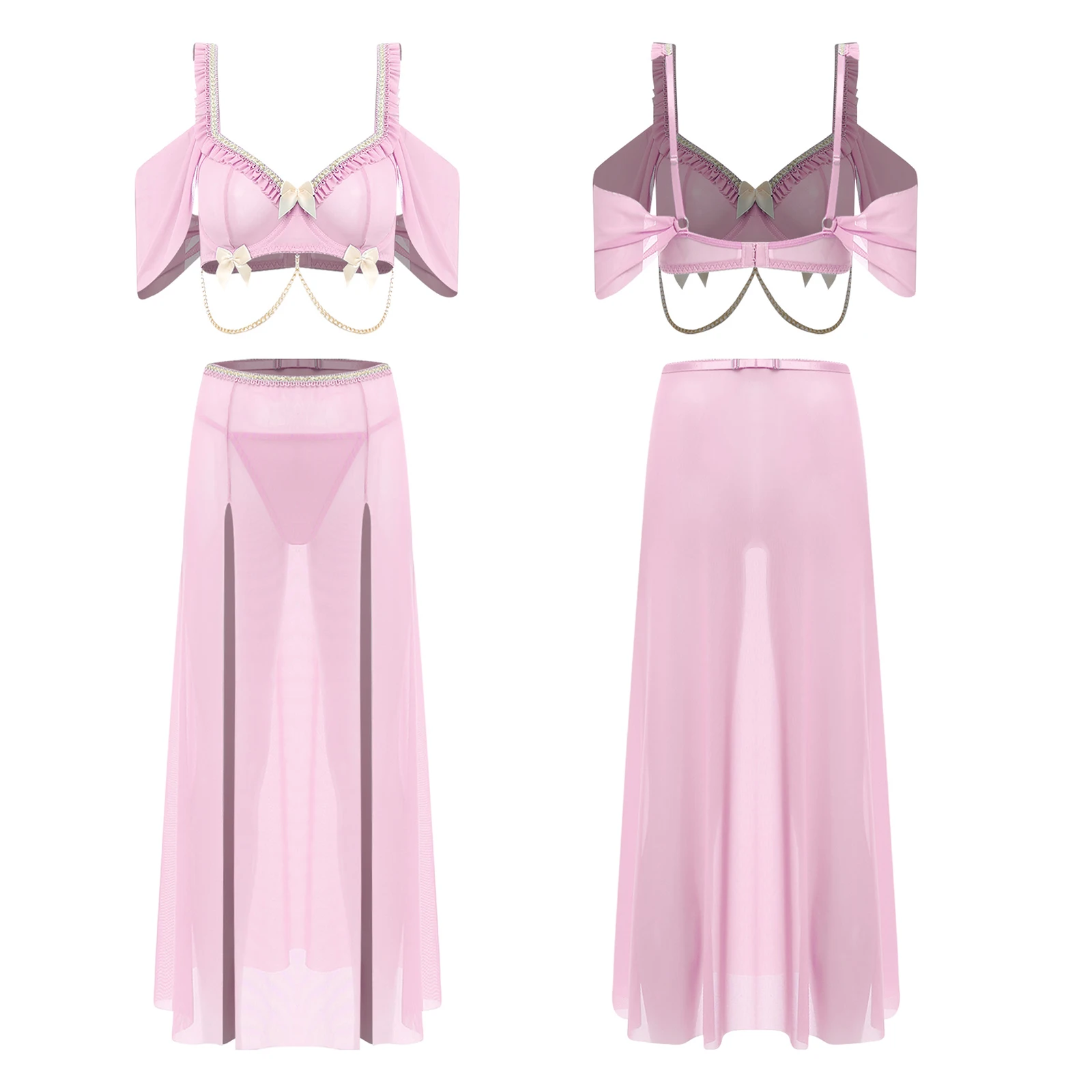 

Women Arab Princess Cosplay Costume Bow Underwire Bra Crop Top Waist Chain High Slit Skirt And T-back Thong Belly Dance Outfit