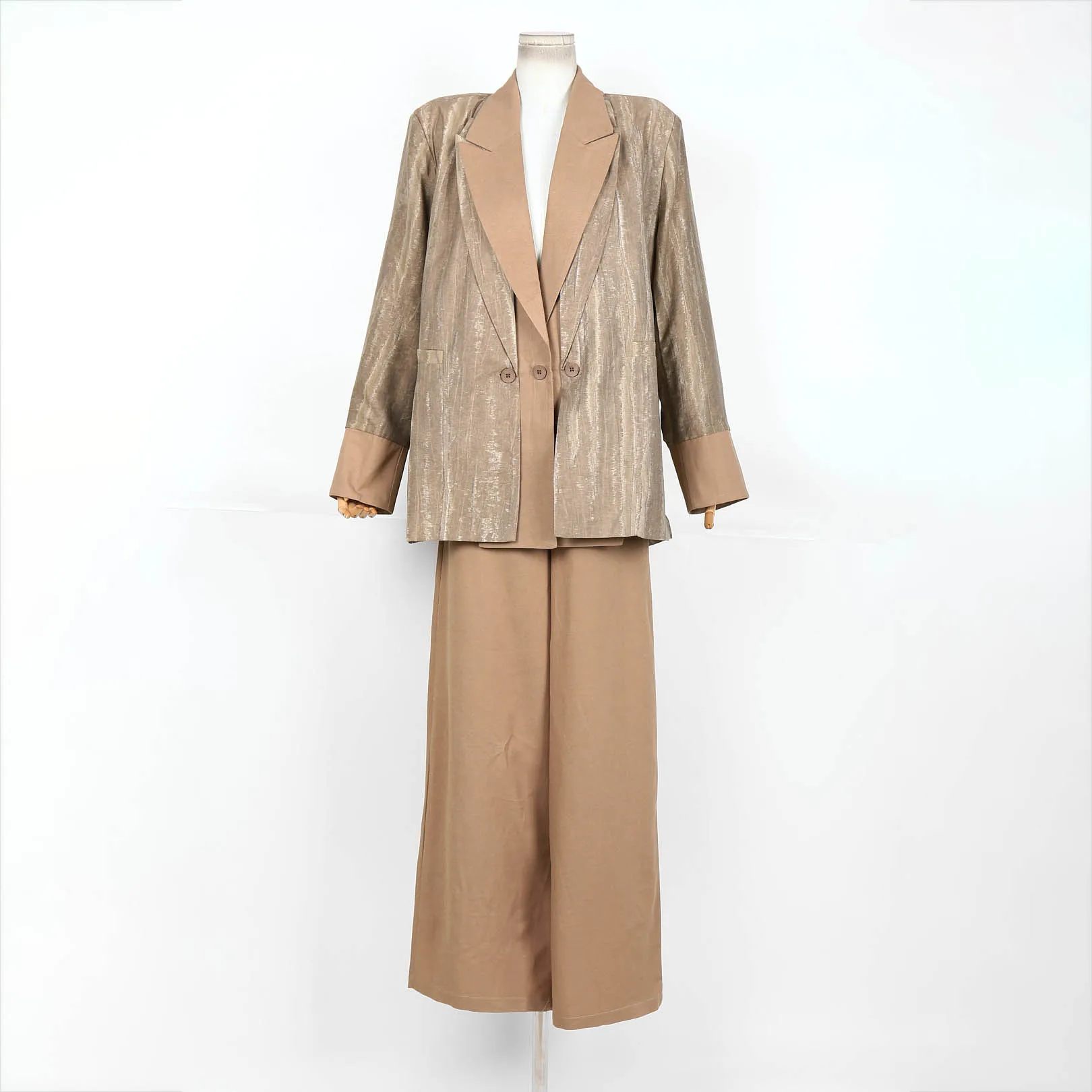 

Женский серый полосатый пиджак и широкие брюки, комплект весны 2024, новый модный двубортный костюм с лацканами, наряд из двух предметов