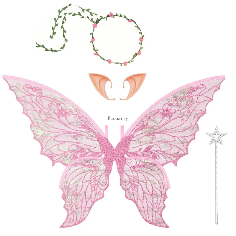 Fairy Wings voor volwassenen en meisjes, Fairy Costume Set met bloemenslinger, Fairy Hair Tinsel, Wand & Elf Ears Disfraz Mujer Party