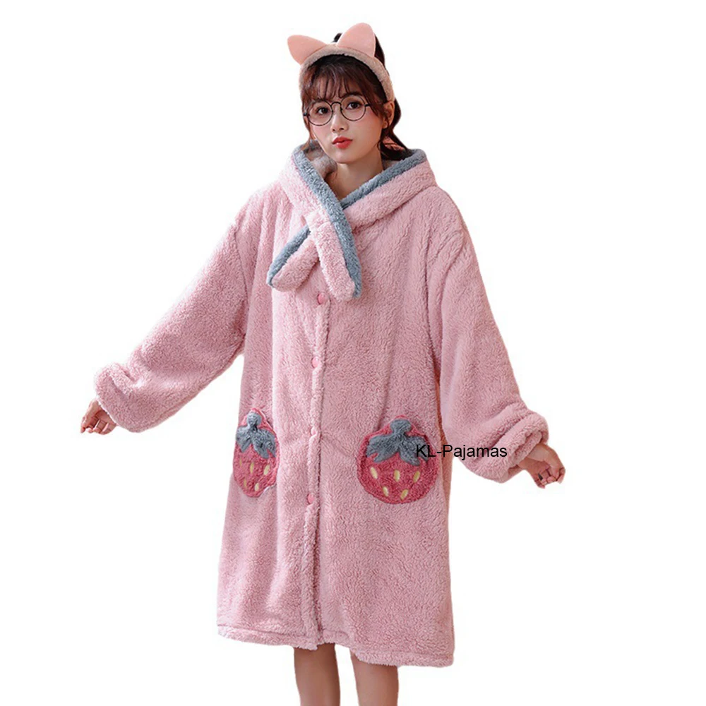 Winter Long Sleeve Thick Warm Flannel Nightgowns for Women Pink Strawberry Sweet Cute Coral Velvet Sleepwear Nightdress Nighty