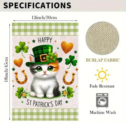 Garden flag St Patrick’s kitten 12” x 18” thick burlap polyester double sided VVL YYX EEZ