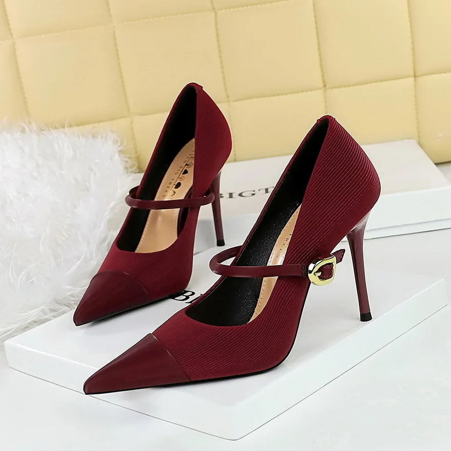 Korean Fashion Banquet High Women's Slim Heels Shallow Mouth Corduroy Spliced Pointed One Piece Strap Single Shoes Women Pumps