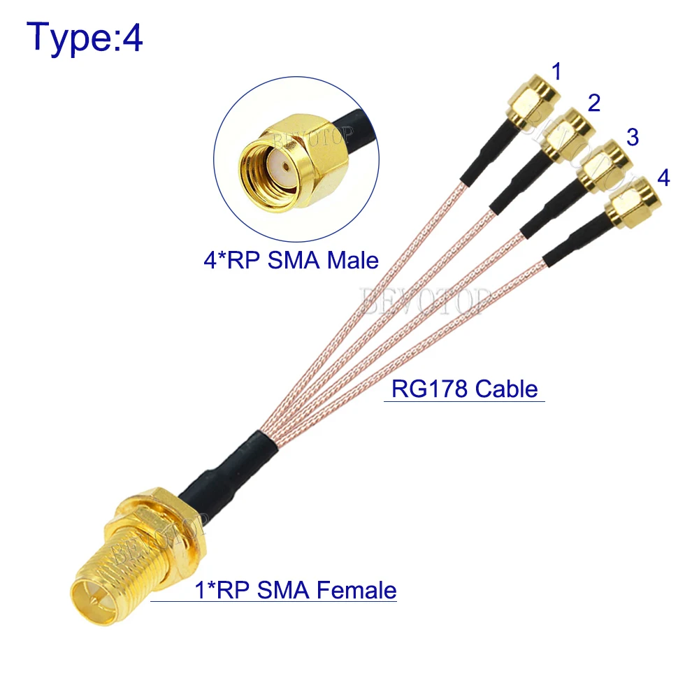 1PCS 1 x SMA/RP Female to 4x SMA Male Plug 1 to 4 SMA Splitter Cable RG178 Pigtail Jumper WIFI Antenna Extension Coaxial Cable