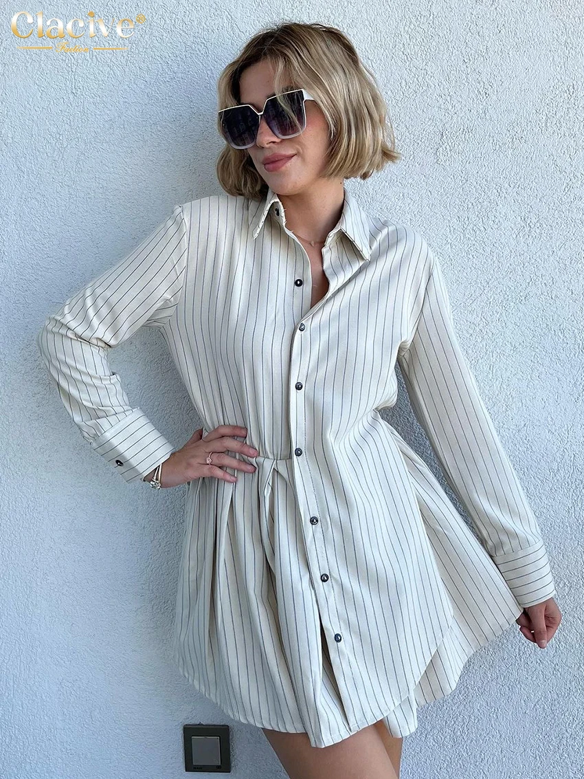 

Clacive Fashion Loose Stripe Women's Dress 2025 Fashion Lapel Long Sleeve Mini Dresses Ladies Elegant Classic Female Dress